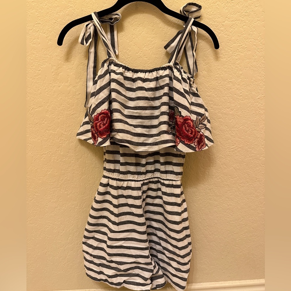 She and Sky Striped Romper with Embroidered Roses on the Sleeves